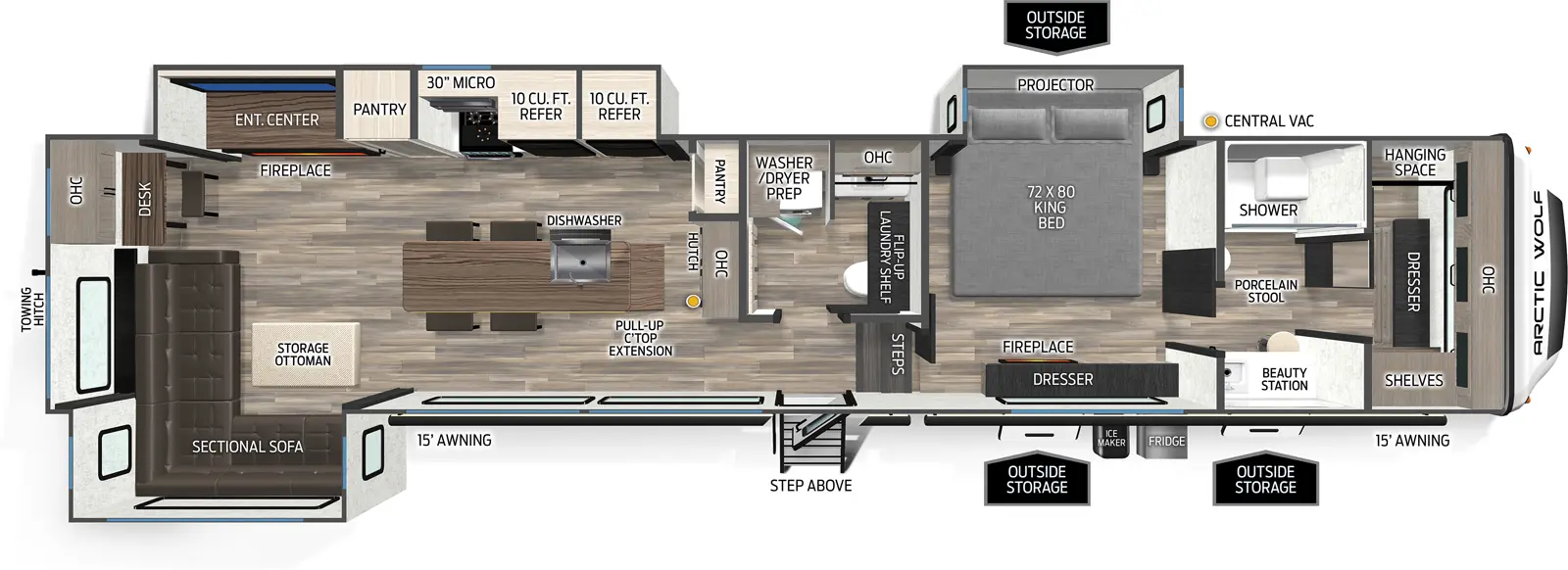 The Arctic Wolf 38LEAH-G floorplan has one entry and three slide outs. Exterior features include: fiberglass exterior and 15' & 15' awning. Interiors features include: kitchen island, rear living and bathroom and a half.